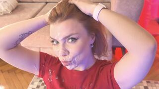 The crimson teenie's face is decorated in a huge sploog