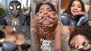 Costume play nubile with a phat bum gets shot in the face