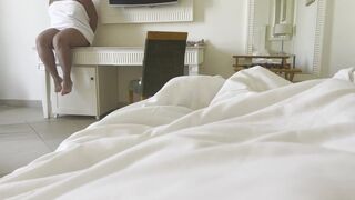 Step-mom shares a couch with her sonny in a motel apartment