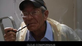 Unfasten - elderly wrinkly senior dude poking a teenage in the butt