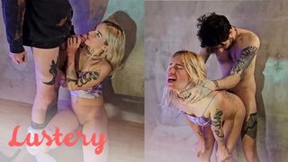 Ash-blonde first-timer duo plow in front of her in their own fuck-a-thon flick