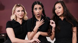 Bad-dick lesbo schoolgirls love a steamy three-way